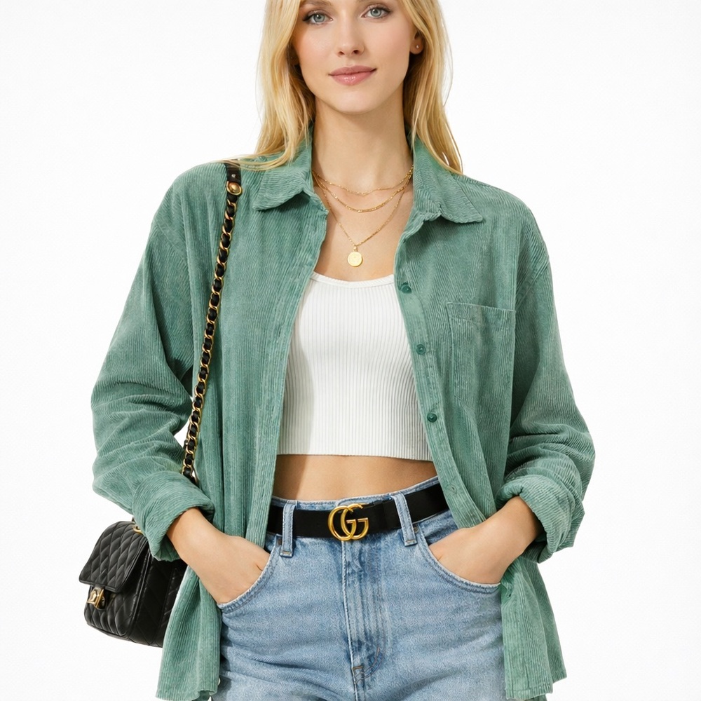 Audrey 3+1 M/L Oversized Corduroy Button Down Shirt Teal EUC